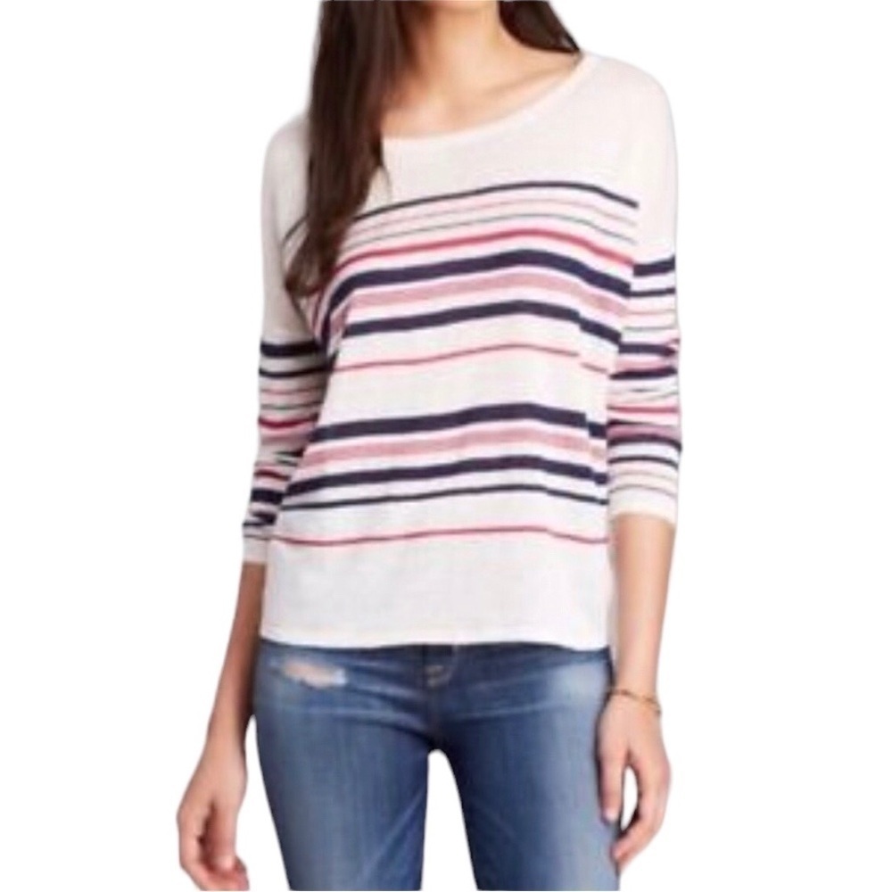 Joie Maine Stripe Linen Pullover Sweater Size Small 3/4 Length Sleeves Boat Neck - Picture 1 of 7